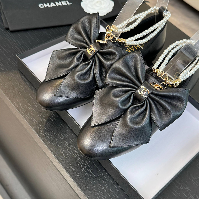 Ch**el bow pearl ankle mary jane flats black calfskin