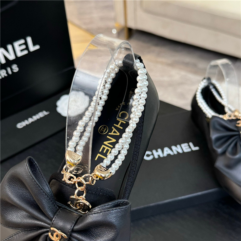Ch**el bow pearl ankle mary jane flats black calfskin