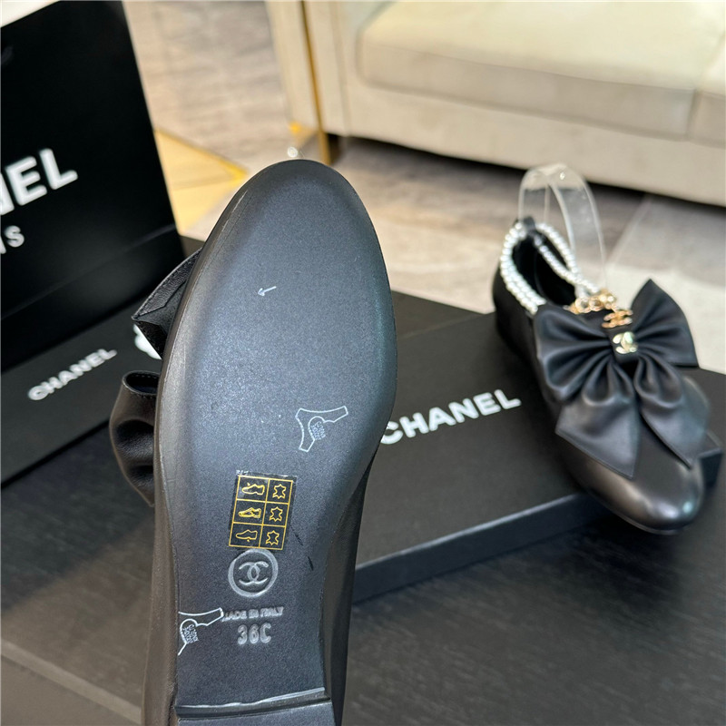 Ch**el bow pearl ankle mary jane flats black calfskin