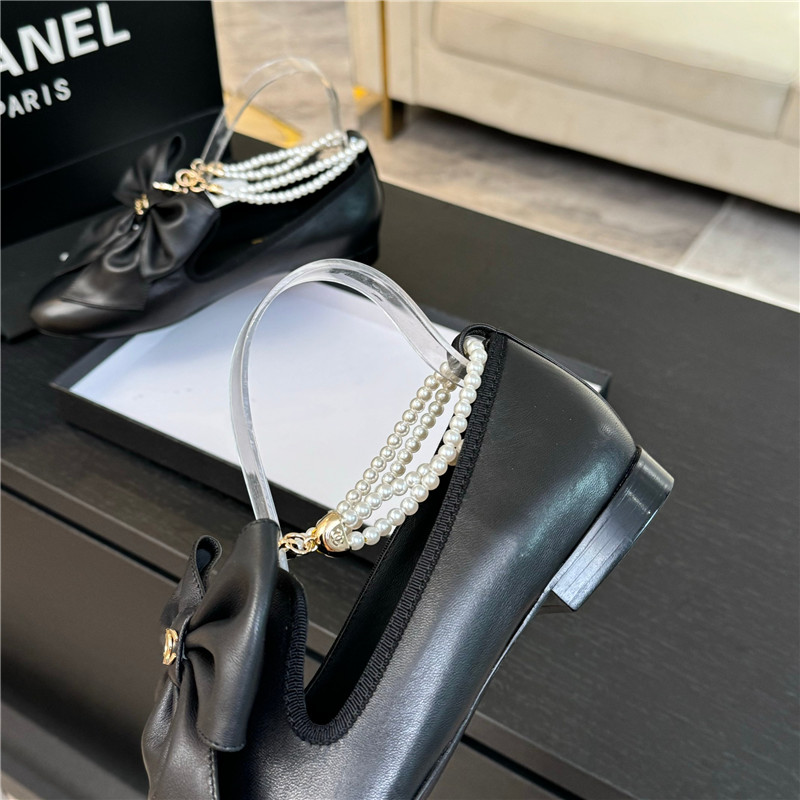 Ch**el bow pearl ankle mary jane flats black calfskin