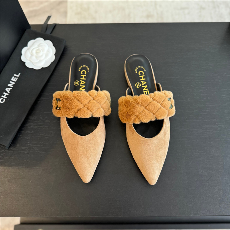 Ch**el fur strap pointed flat mule beige suede