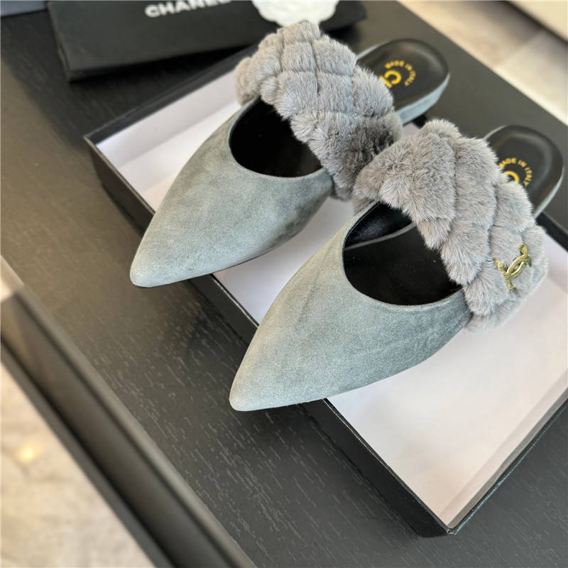 Ch**el fur strap pointed flat mule grey suede