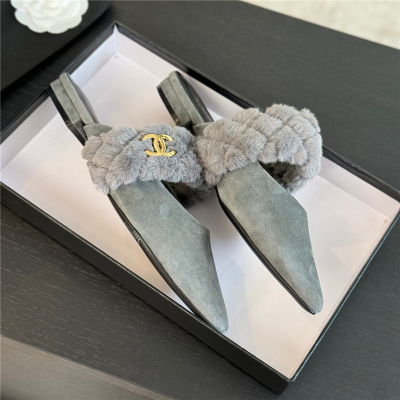 Ch**el fur strap pointed flat mule grey suede