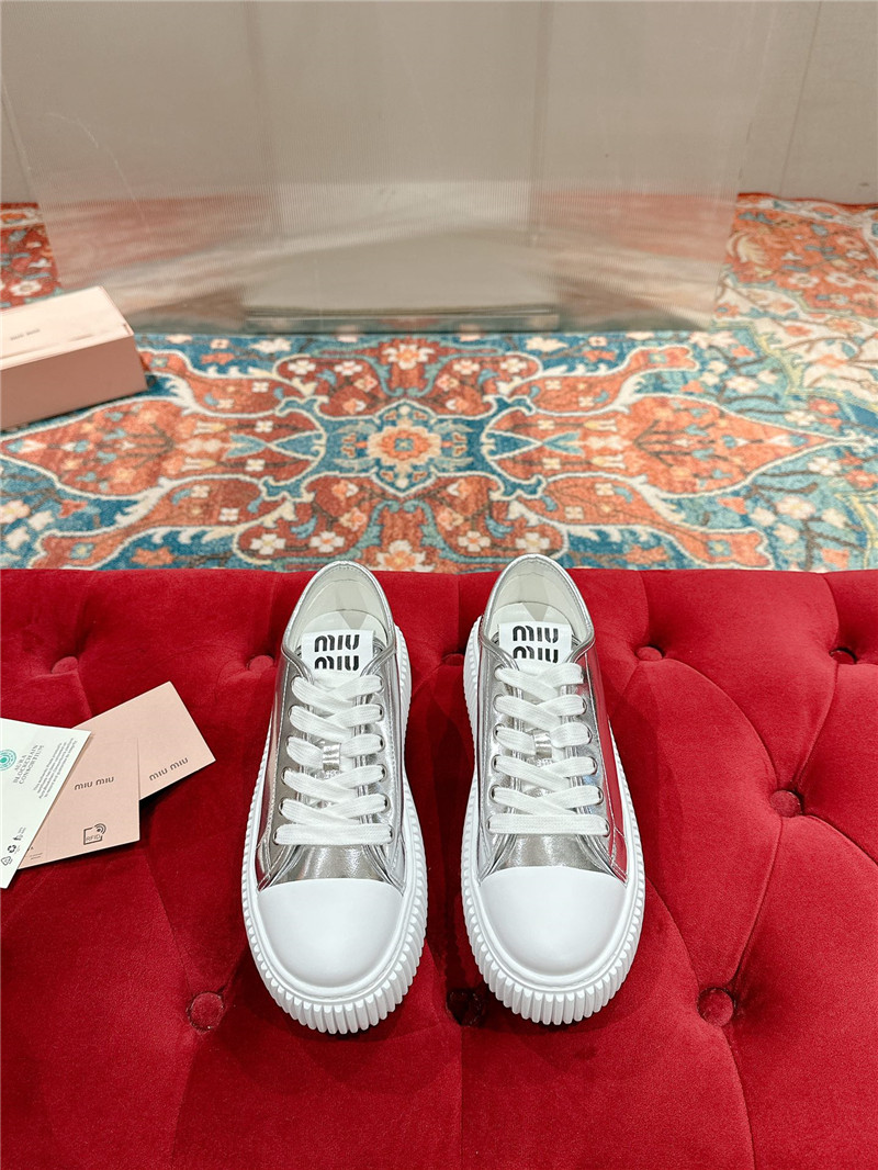 Miu Miu Silver Leather Platform Sneakers Women