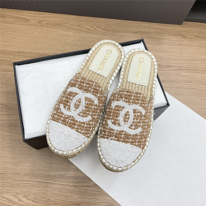 Ch**el espadrille mules in beige/white tweed with sequins