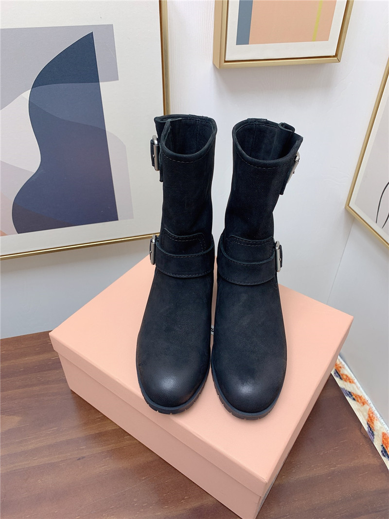 Miu Miu Black Calfskin Chunky Buckle Biker Boots