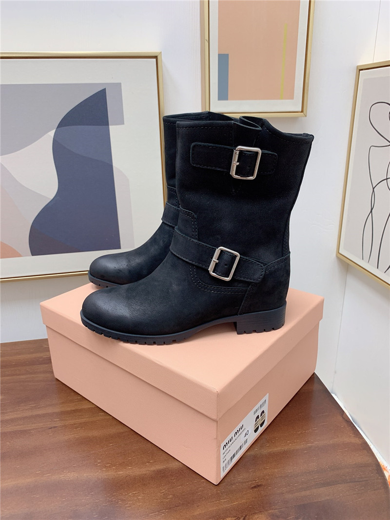 Miu Miu Black Calfskin Chunky Buckle Biker Boots