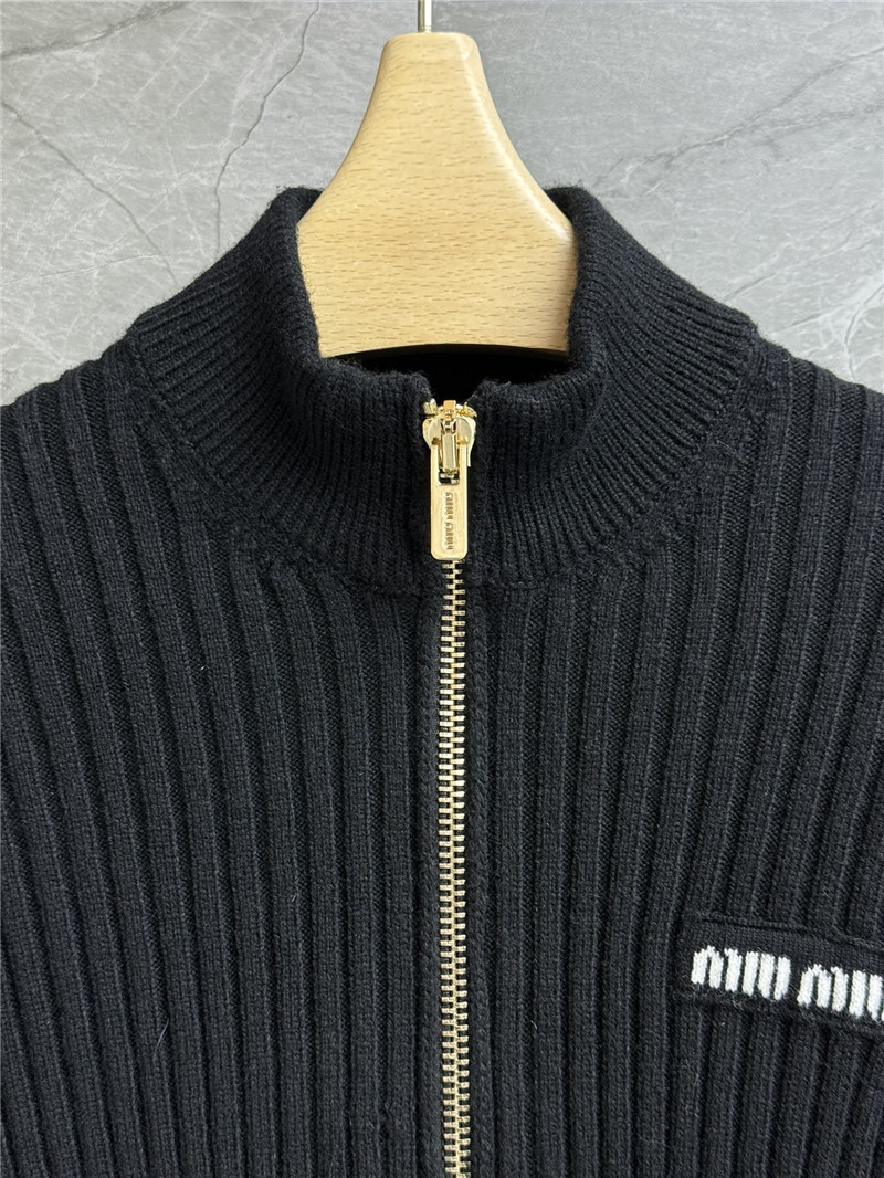 Miu Miu Ribbed Wool Full-Zip Cardigan in Black