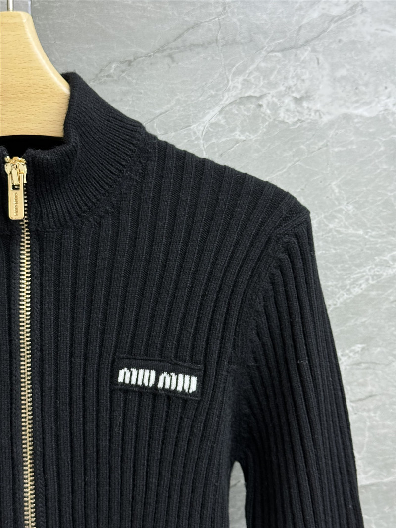 Miu Miu Ribbed Wool Full-Zip Cardigan in Black