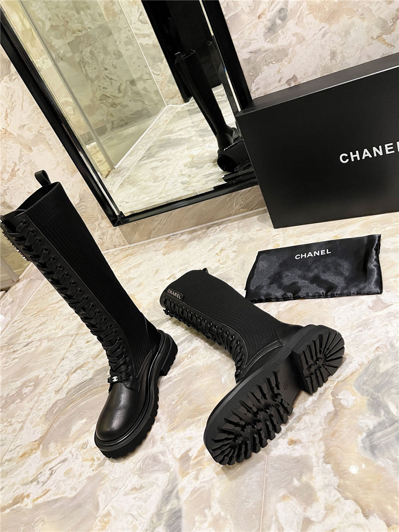 Ch**el lace-up knitted calfskin knee-high boots
