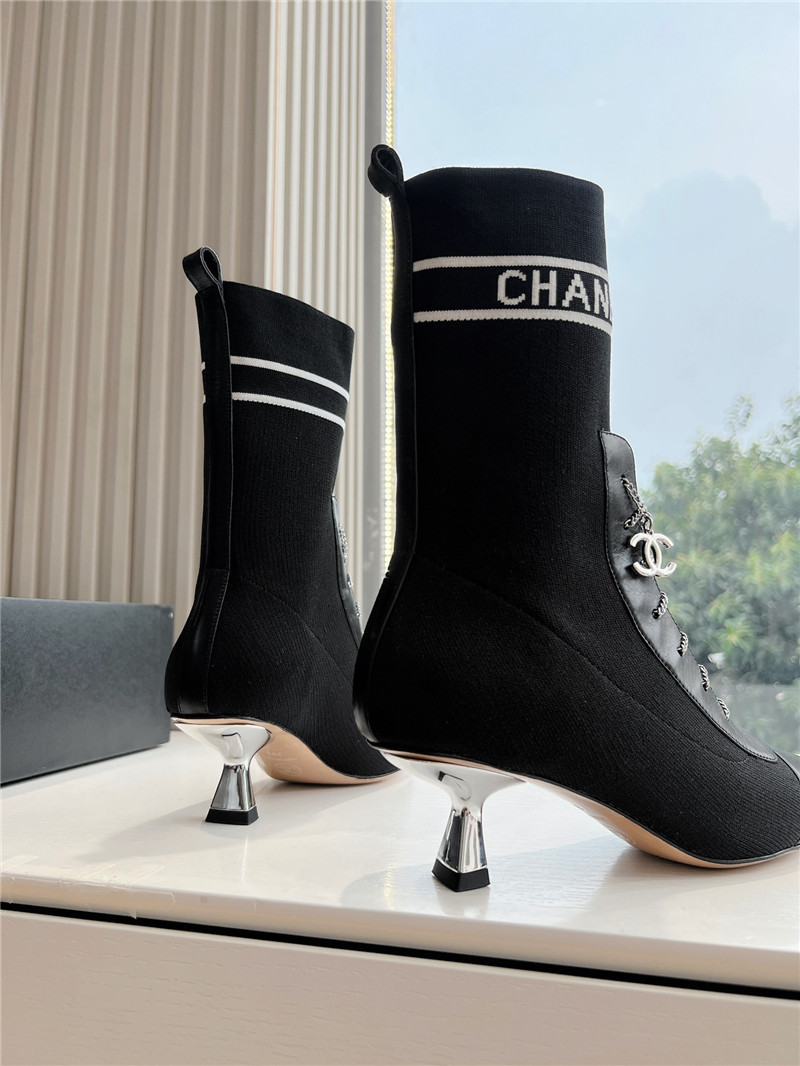 Ch**el pointed toe calfskin knit lace-up ankle boots