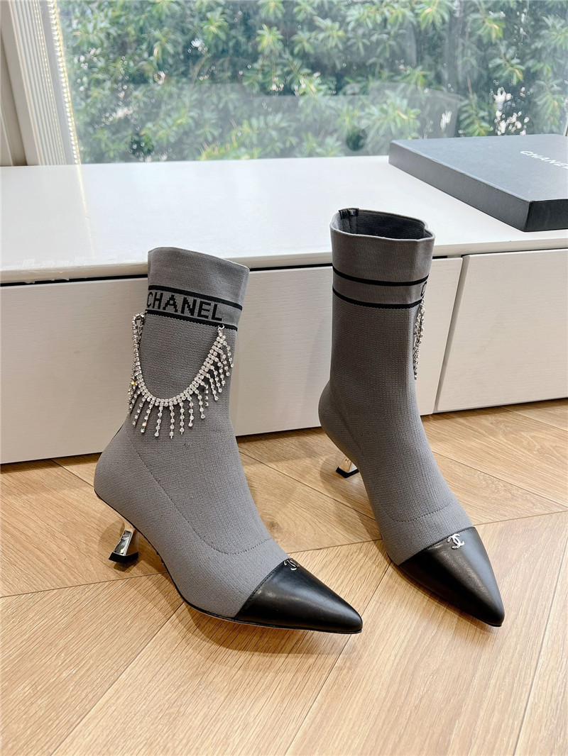 Ch**el pointed toe calfskin knitted ankle boots