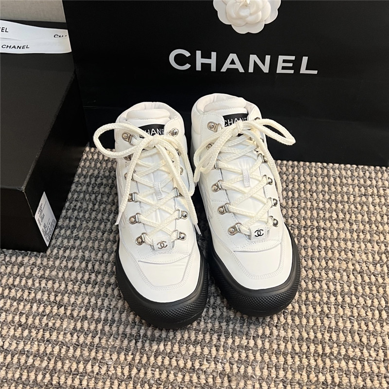Ch**el white calfskin nylon lace up snow boots