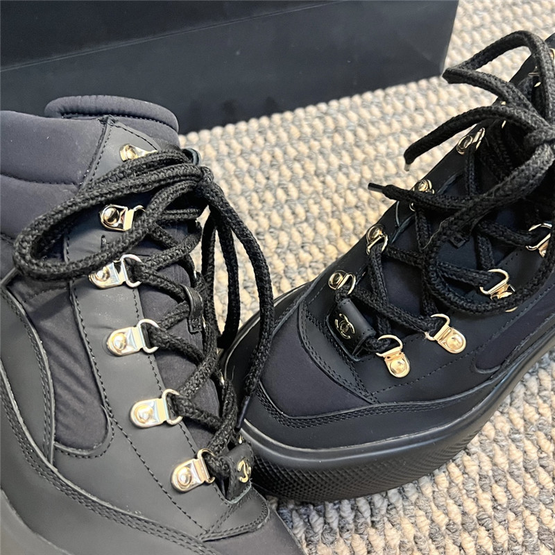 Ch**el black calfskin nylon lace up snow boots