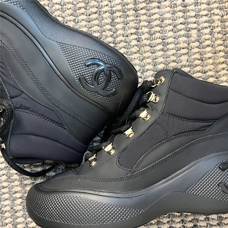 Ch**el black calfskin nylon lace up snow boots