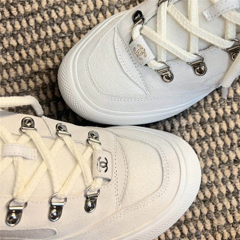 Ch**el white calfskin nylon lace up ankle snow boots