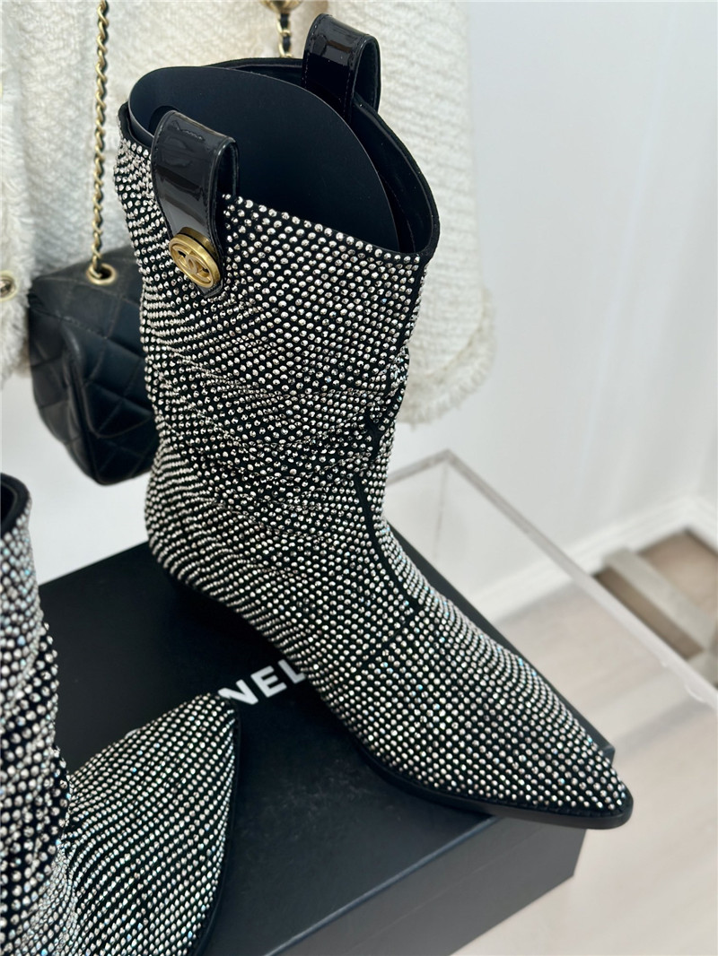 Ch**el black pointed toe rhinestone block ankle boots