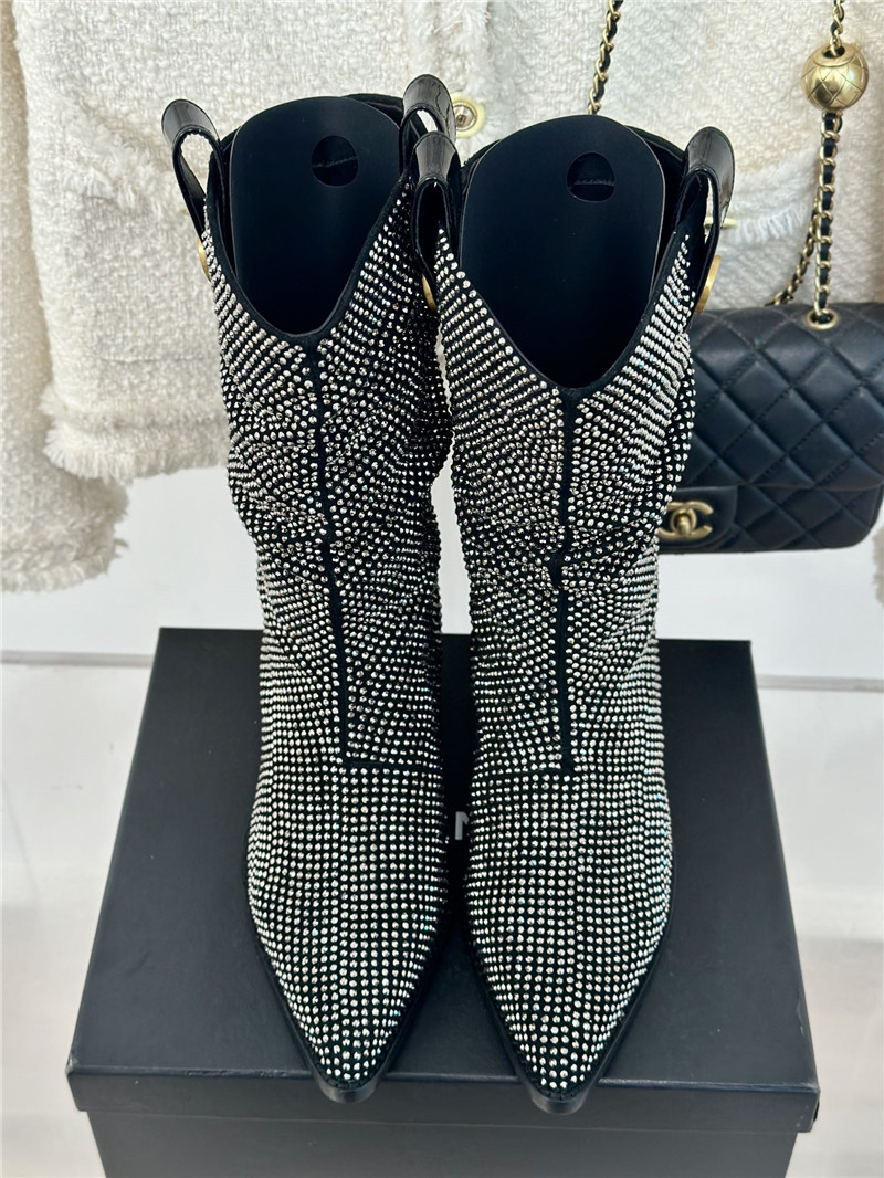 Ch**el black pointed toe rhinestone block ankle boots