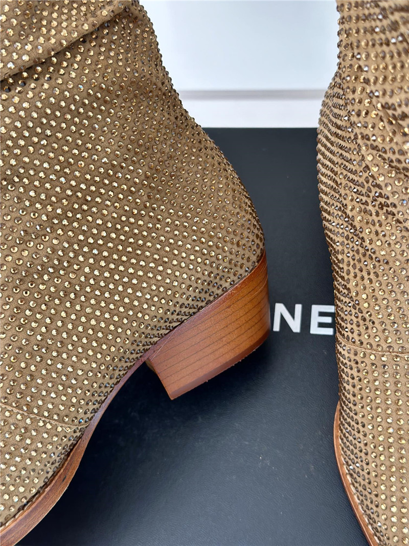 Ch**el gold pointed toe rhinestone block ankle boots