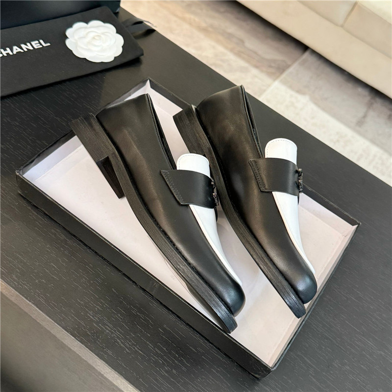 Ch**el black/white shiny lambskin moccasin loafers