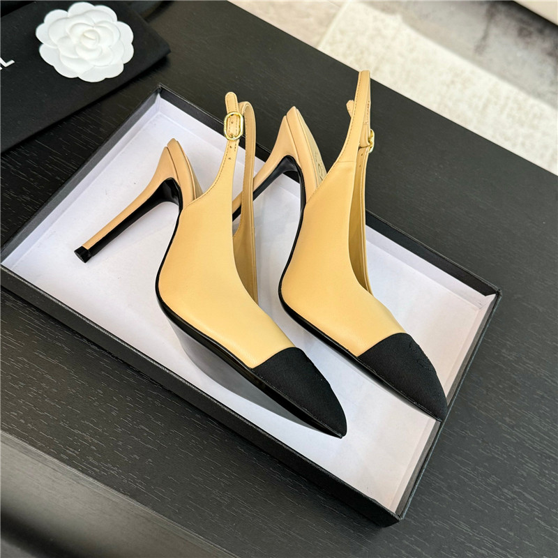Ch**el pointed heel slingbacks in beige/black calfskin