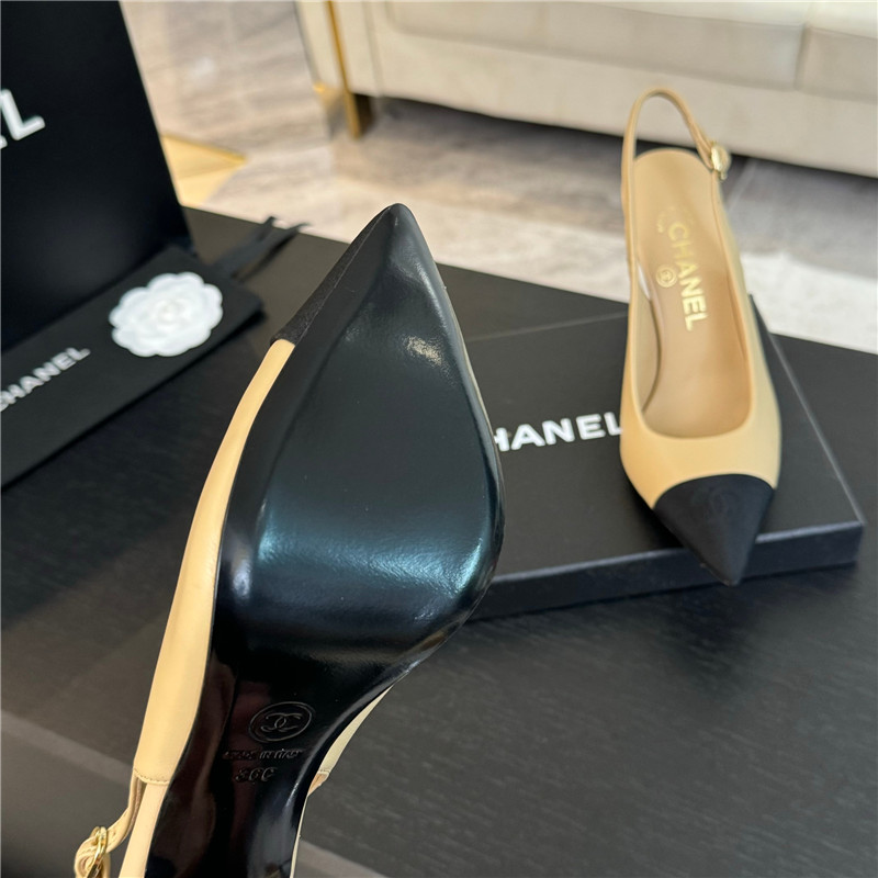 Ch**el pointed heel slingbacks in beige/black calfskin