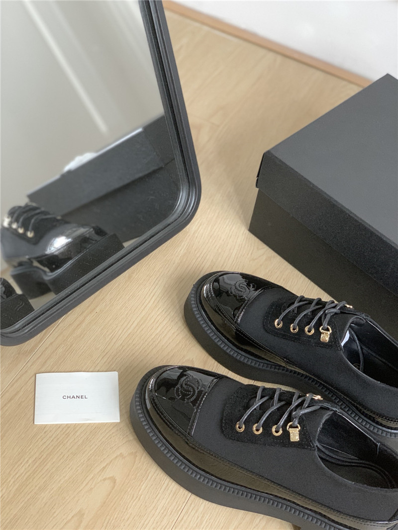 Ch**el black nylon suede patent calfskin lace-up oxfords