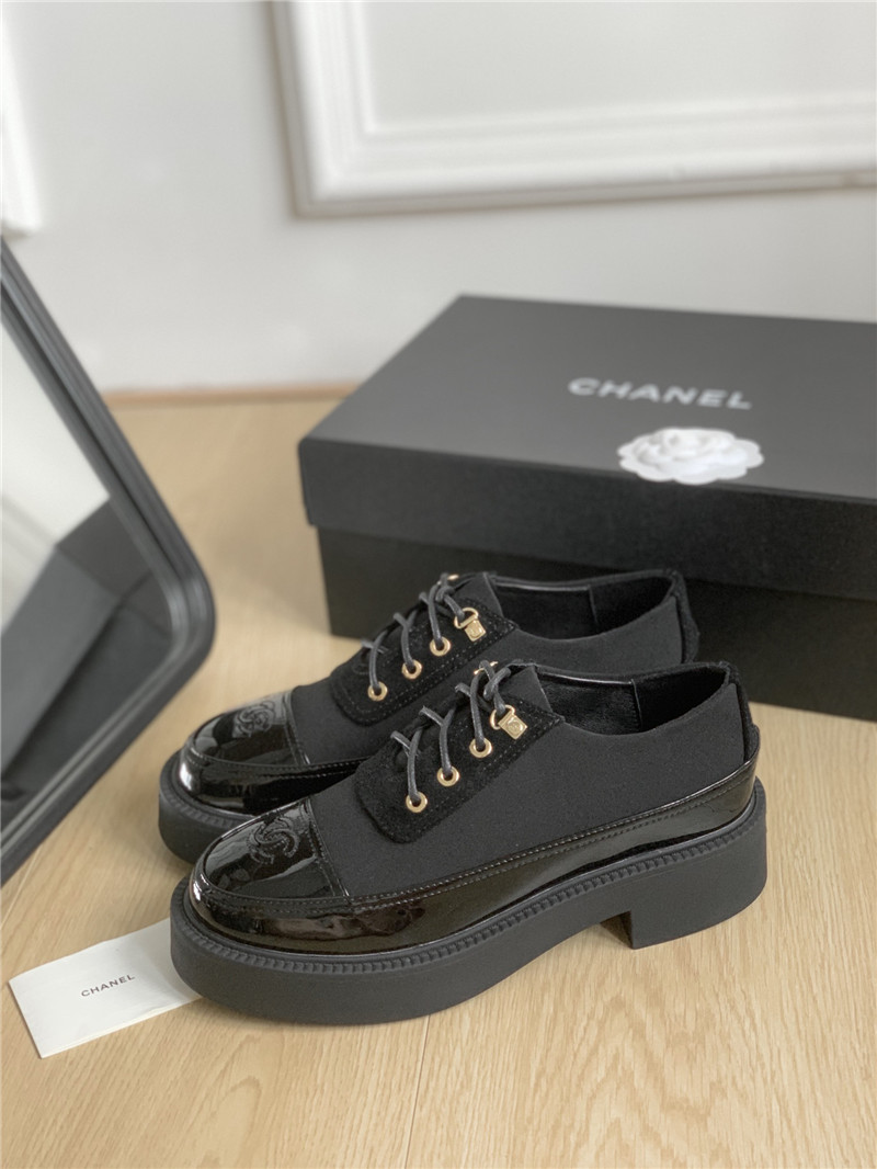 Ch**el black nylon suede patent calfskin lace-up oxfords