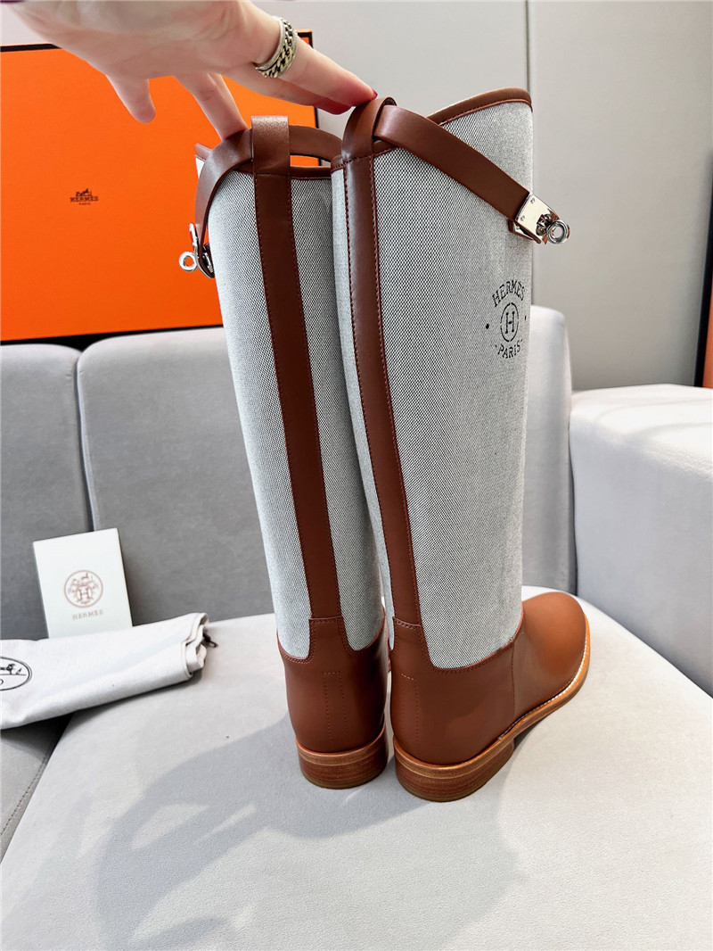H**me5 canvas gray-brown jumping knee-high boots