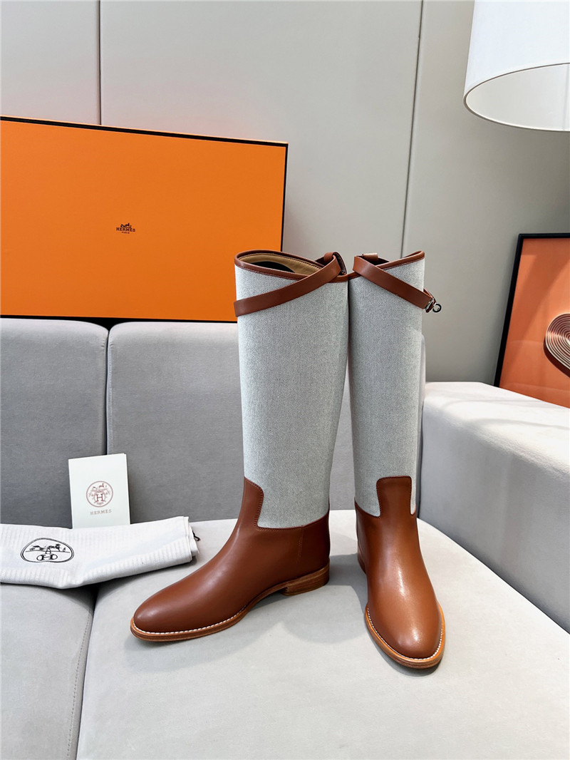 H**me5 canvas gray-brown jumping knee-high boots