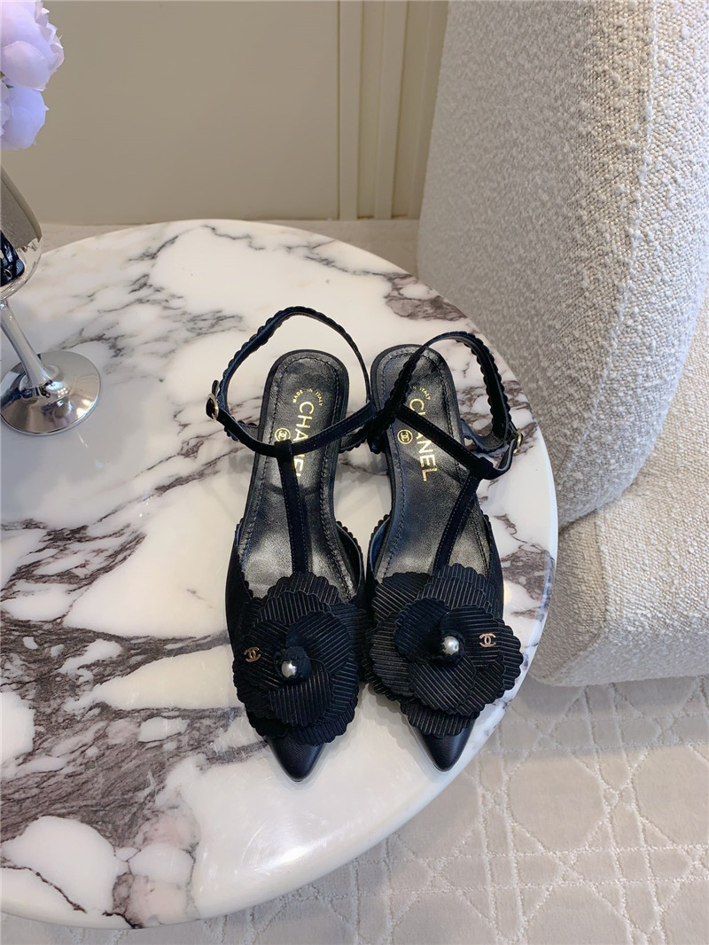 Ch**el camellia slingback flats in black suede leather