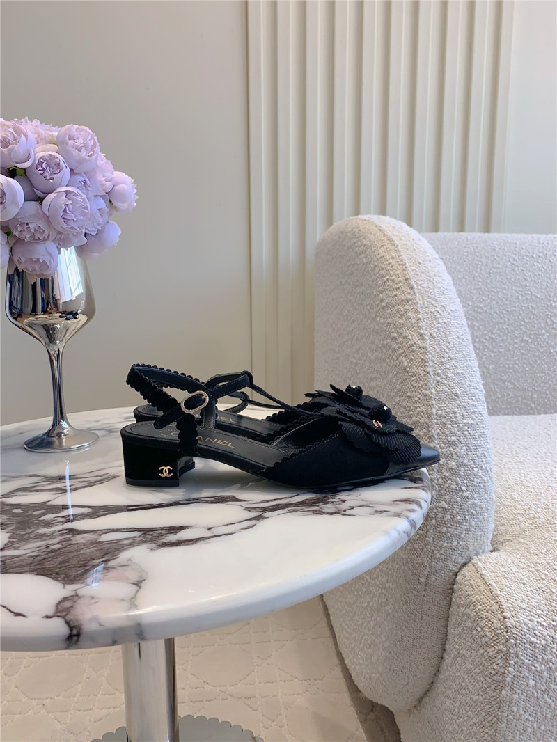 Ch**el camellia slingback flats in black suede leather