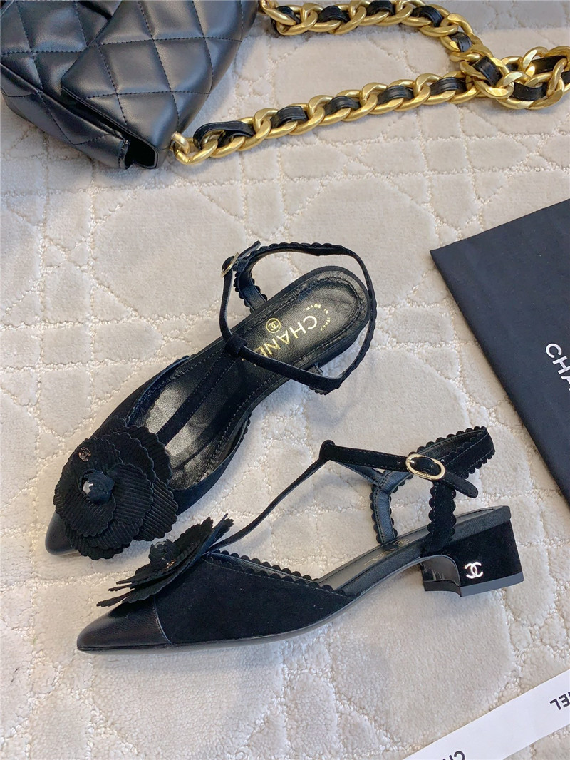 Ch**el camellia slingback flats in black suede leather