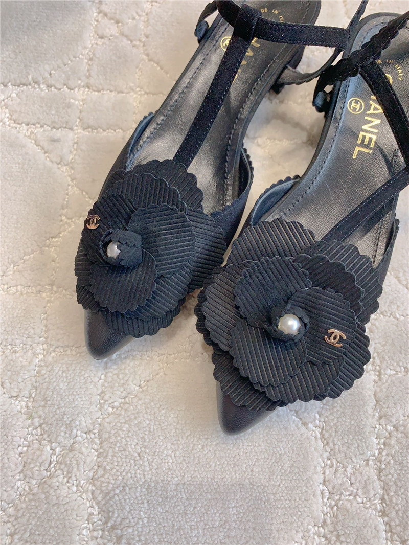 Ch**el camellia slingback flats in black suede leather