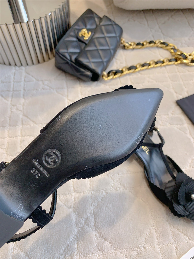 Ch**el camellia slingback flats in black suede leather