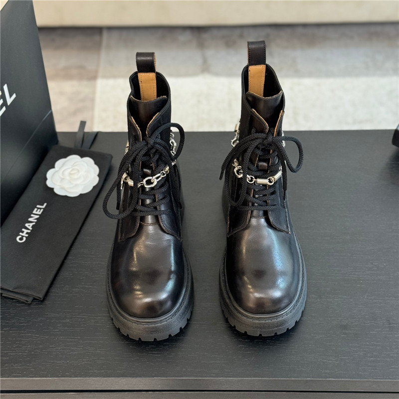 Ch**el black calfskin chain lace-up boots