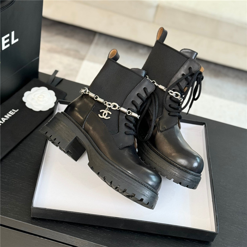 Ch**el black calfskin chain lace-up boots