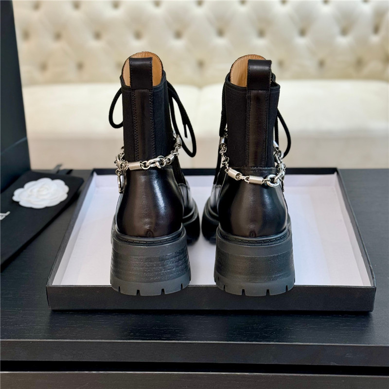 Ch**el black calfskin chain lace-up boots