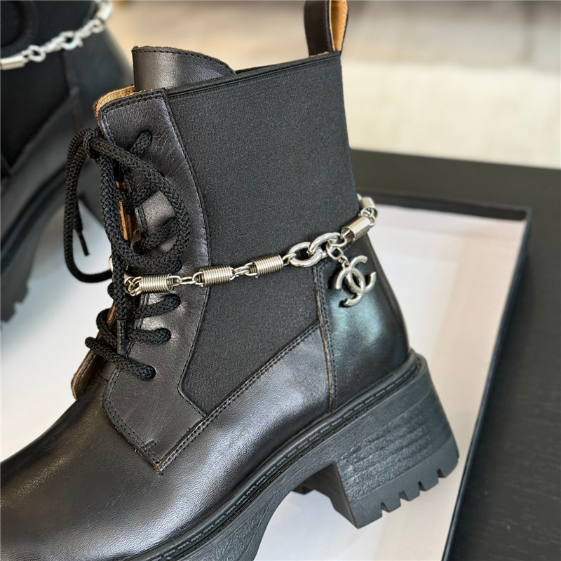 Ch**el black calfskin chain lace-up boots