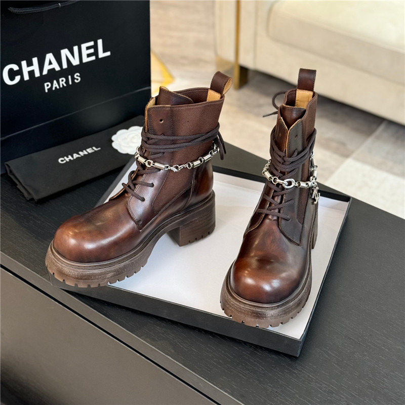 Ch**el brown calfskin chain lace-up boots