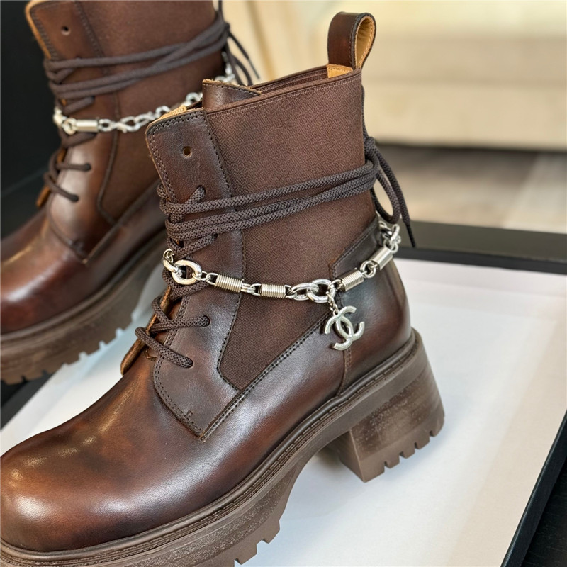 Ch**el brown calfskin chain lace-up boots