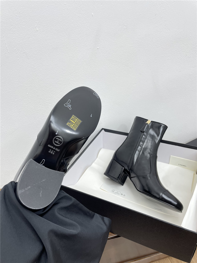 Ch**el black calfskin block heel round toe ankle boots