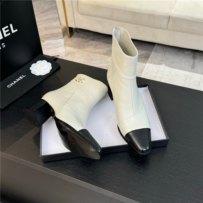 Ch**el block heel pointed toe calfskin ankle boots
