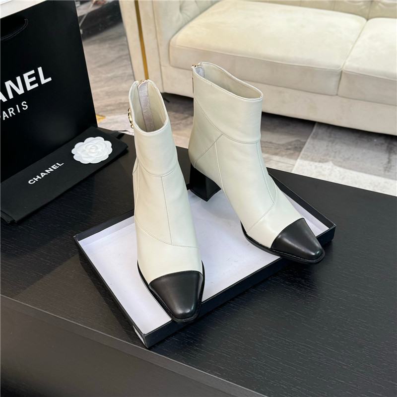 Ch**el block heel pointed toe calfskin ankle boots