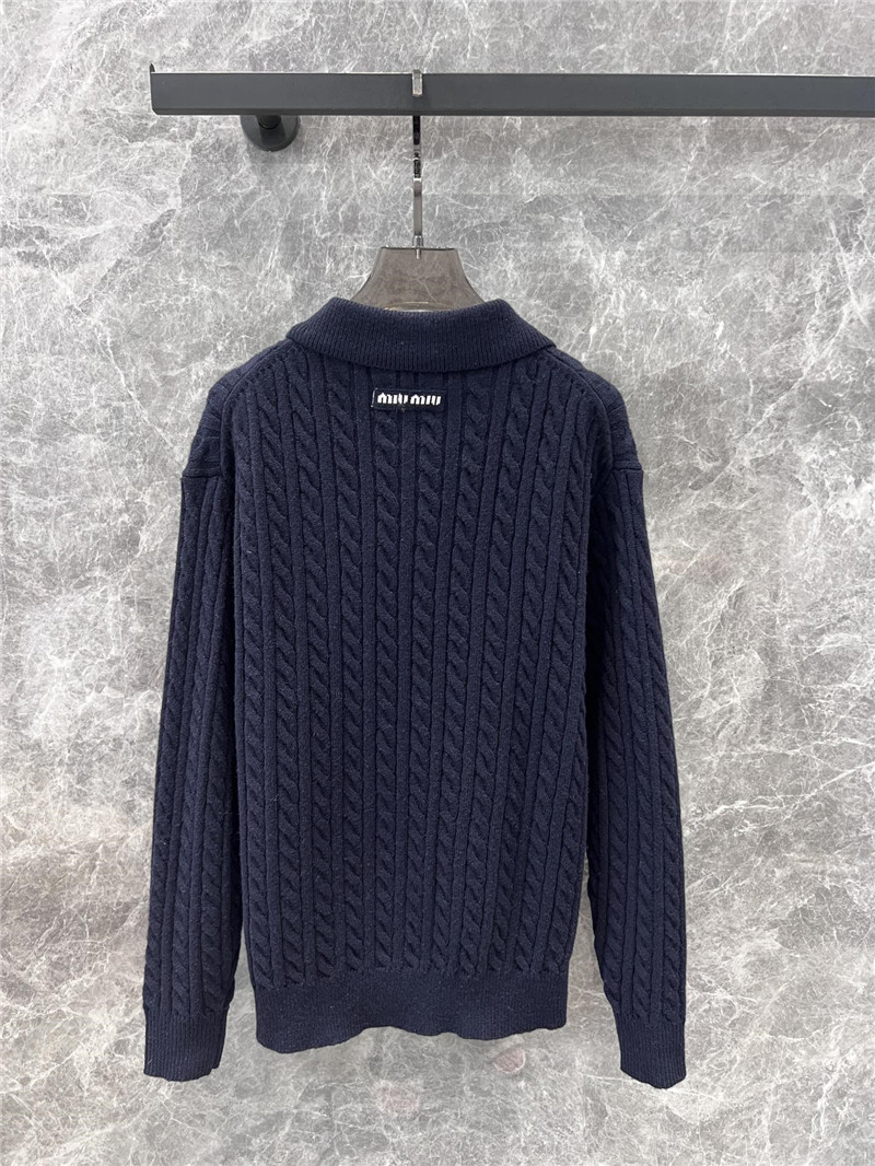 MIU MIU Navy Cable-Knit Polo Sweater