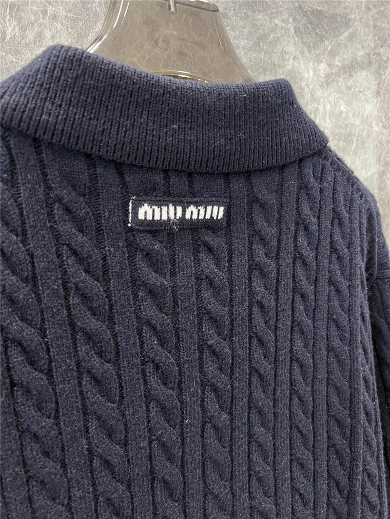 MIU MIU Navy Cable-Knit Polo Sweater