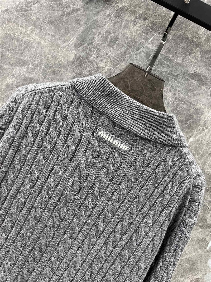 MIU MIU Cable-Knit Polo Sweater Grey