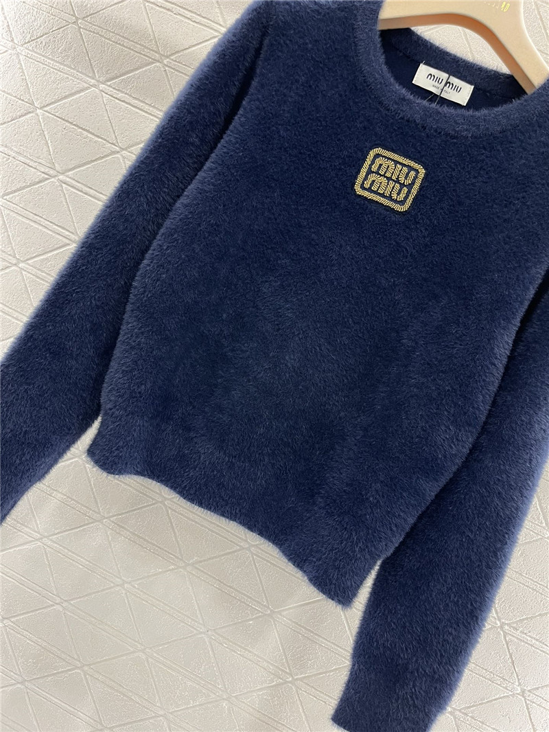 Miu Miu Navy Logo-Embroidered Wool Sweater