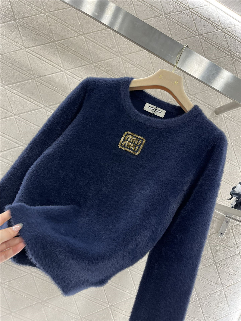 Miu Miu Navy Logo-Embroidered Wool Sweater