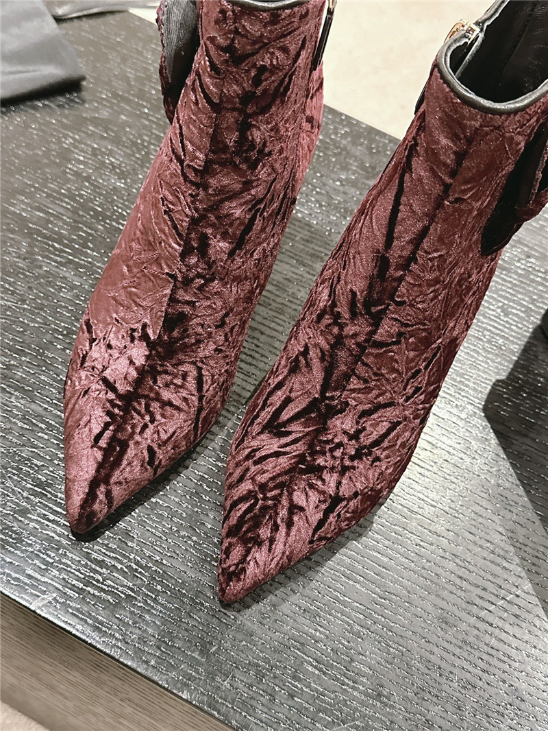 Ch**el heel burgundy velvet pointed toe boot
